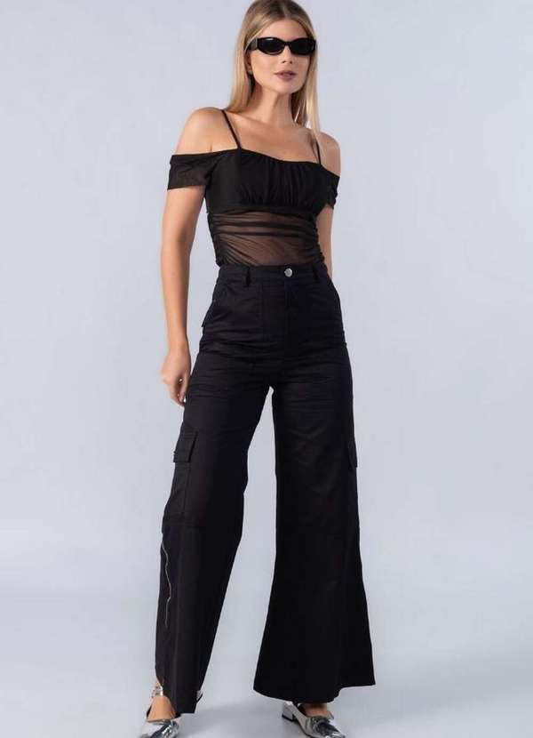 Lamis - Calca Pantalona Sarja Ziper Perna Preto