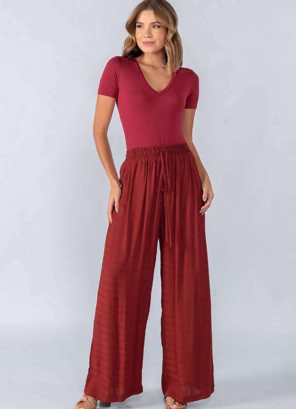 Lamis - Calca Pantalona Textura Elastico na Cintura Marrom