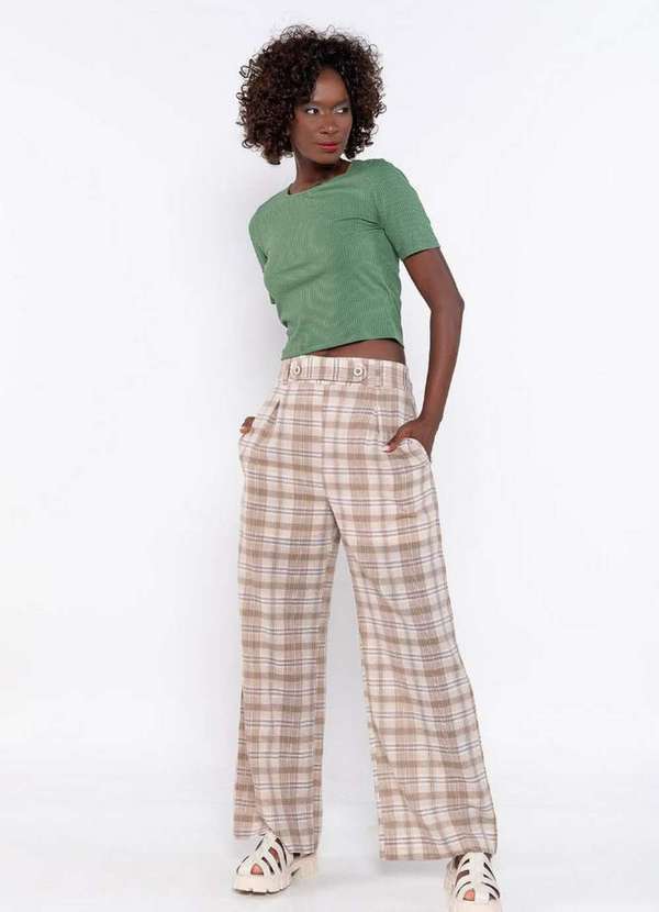 Lamis - Calça Pantalona Xadrez em Linho Bege