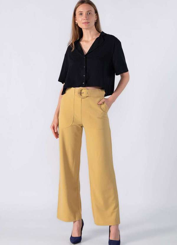 Lamis - Calca Reta em Crepe com Elastico nas Costas Mostarda 2