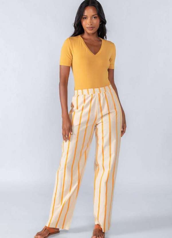 Lamis - Calca Reta Listrada em Viscose Laranja