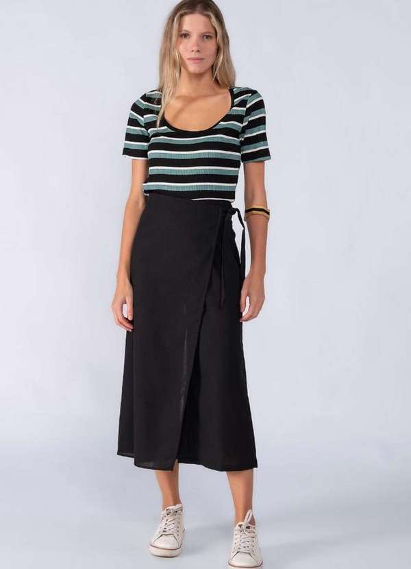 Lamis Calca Saia em Linho Pantacourt Faixa Preto