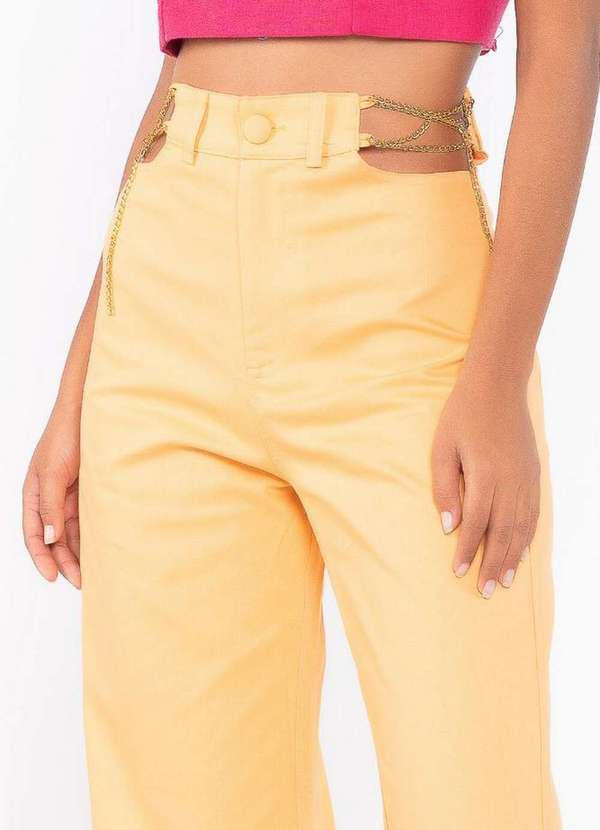 Lamis - Calca Sarja Wide Leg Recorte e Corrente no Cos Laranja 2