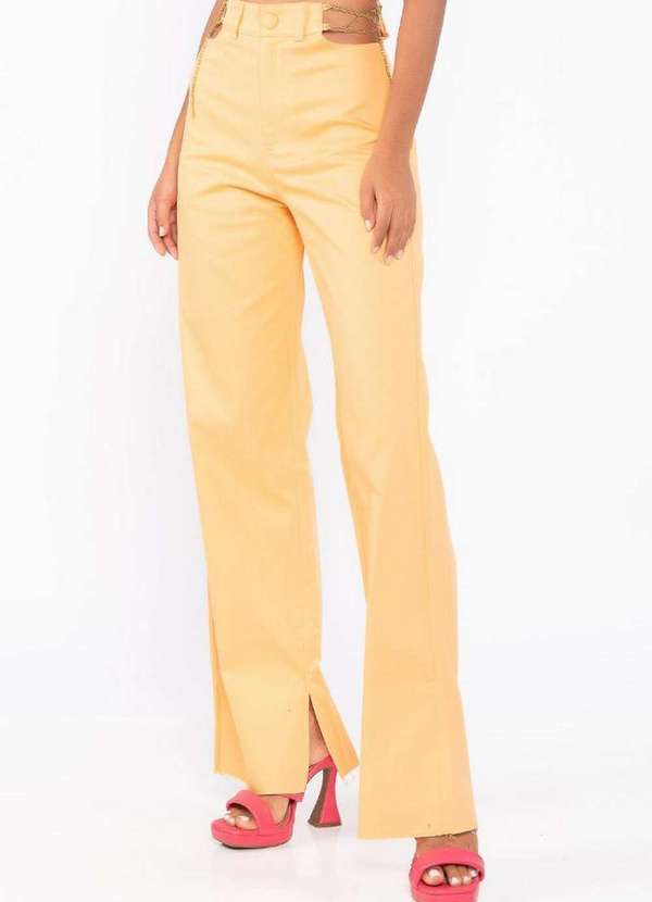 Lamis - Calca Sarja Wide Leg Recorte e Corrente no Cos Laranja 3