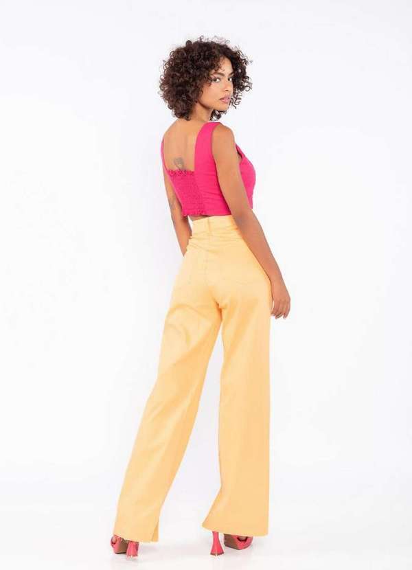 Lamis - Calca Sarja Wide Leg Recorte e Corrente no Cos Laranja 4