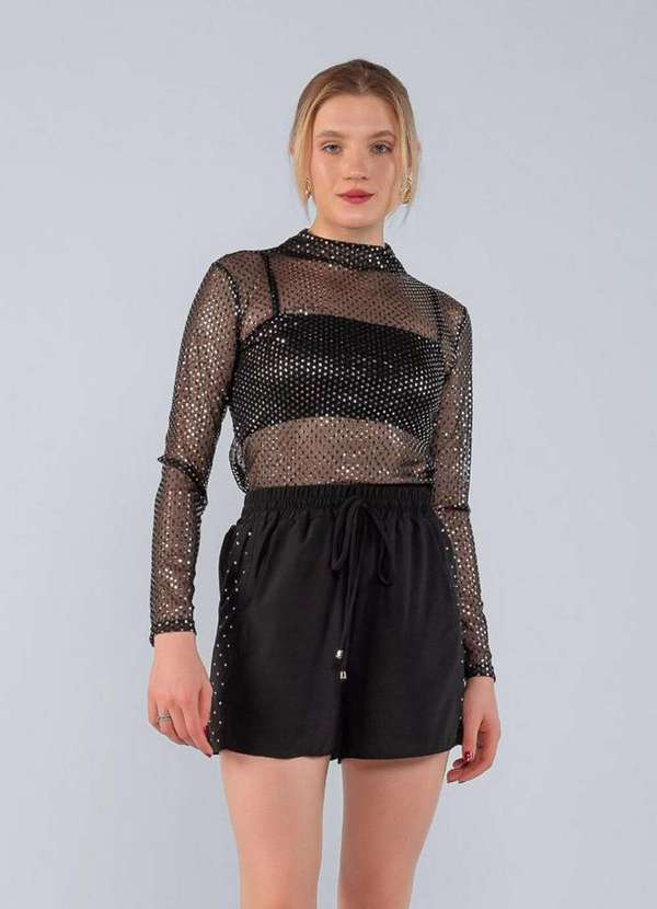 Lamis - Shorts Crepe com Bolsos e Detalhes em Strass Preto