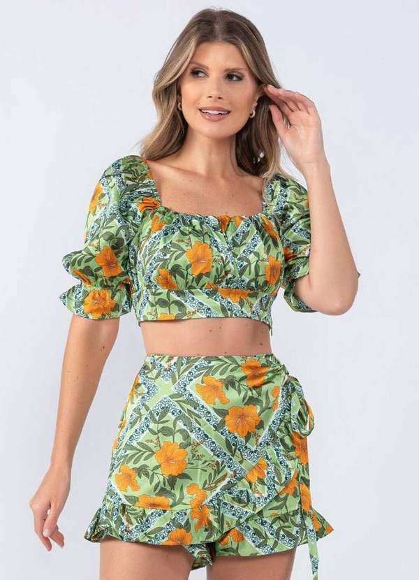 Lamis - Shorts Saia Cetim Estampa Floral Verde 2