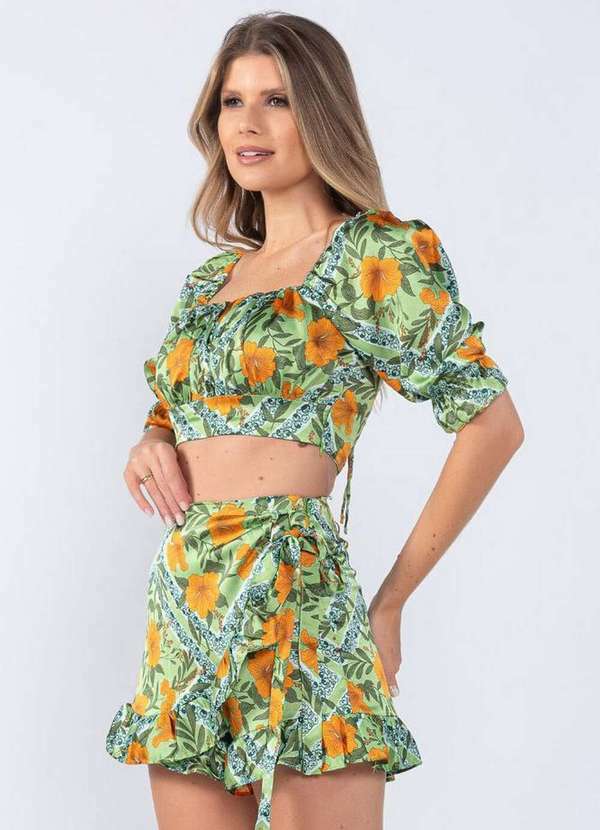 Lamis - Shorts Saia Cetim Estampa Floral Verde 3