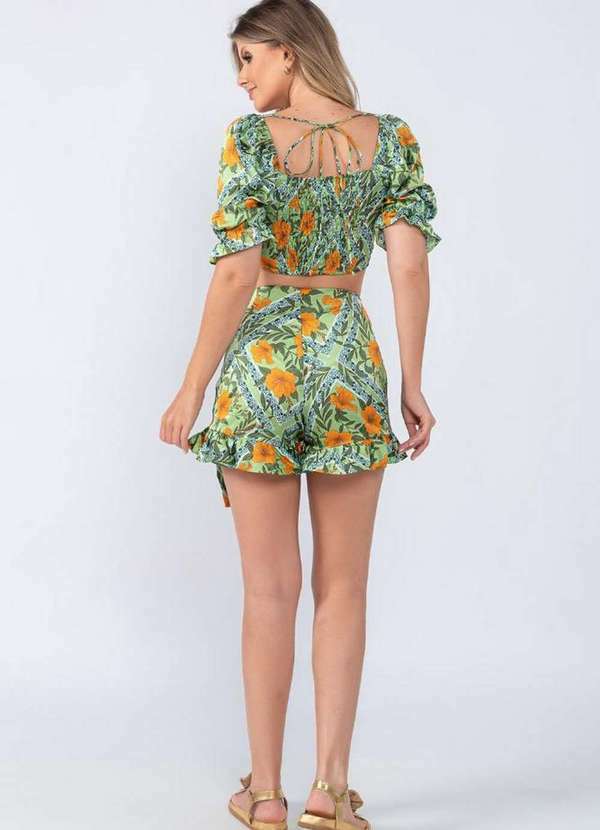 Lamis - Shorts Saia Cetim Estampa Floral Verde 4