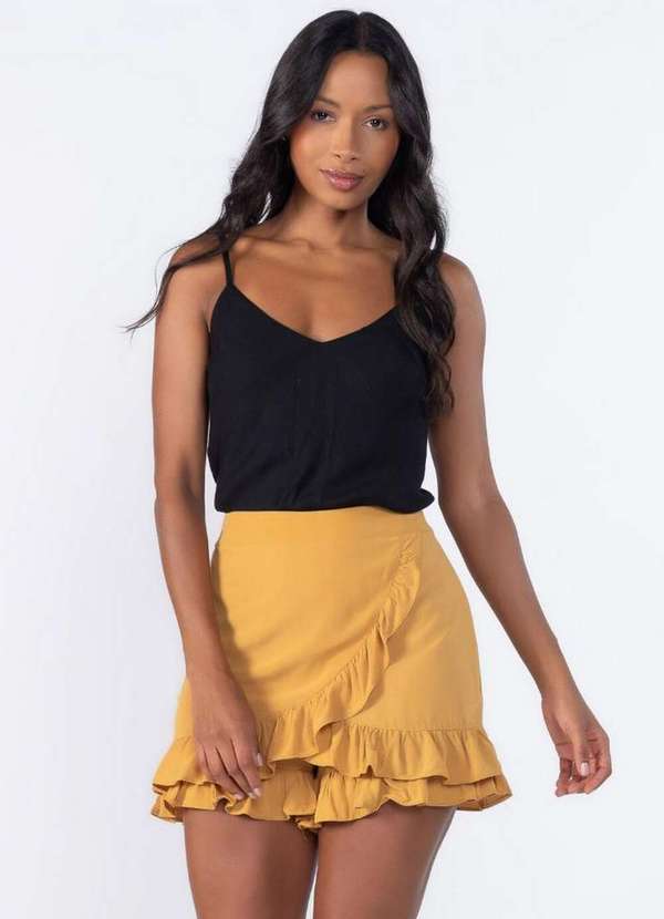 Lamis - Shorts Saia com Babados e Ziper Mostarda