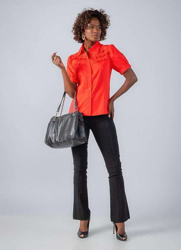 Lamis - Camisa Tricoline Manga Curta Babados Renda Vermelho