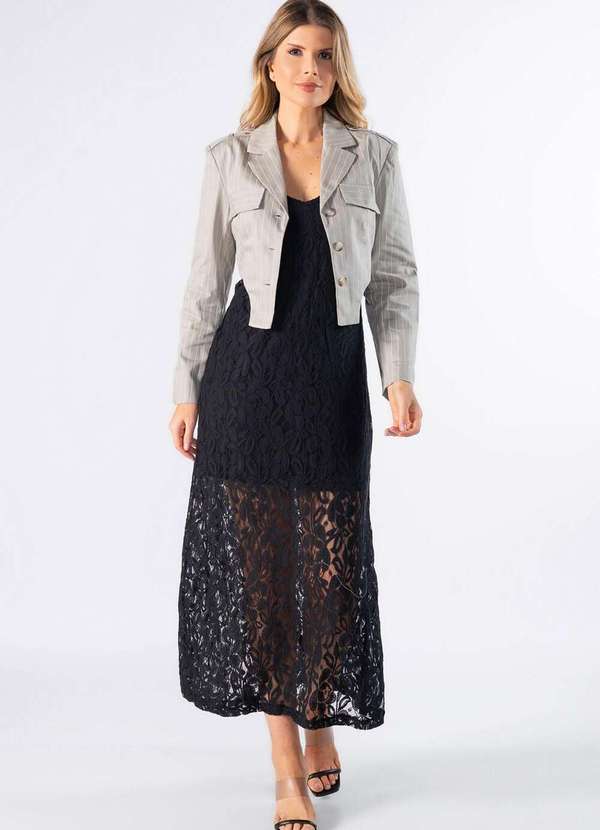 Lamis - Blazer Cropped com Bolsos Cinza