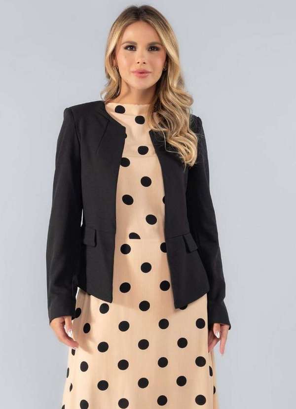 Lamis - Blazer de Crepe Pregas Frontal Gola Careca Preto