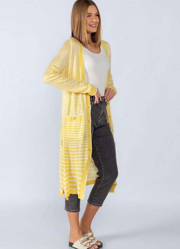 Lamis - Cardigan Longo Tricot Listrado com Bolso Amarelo