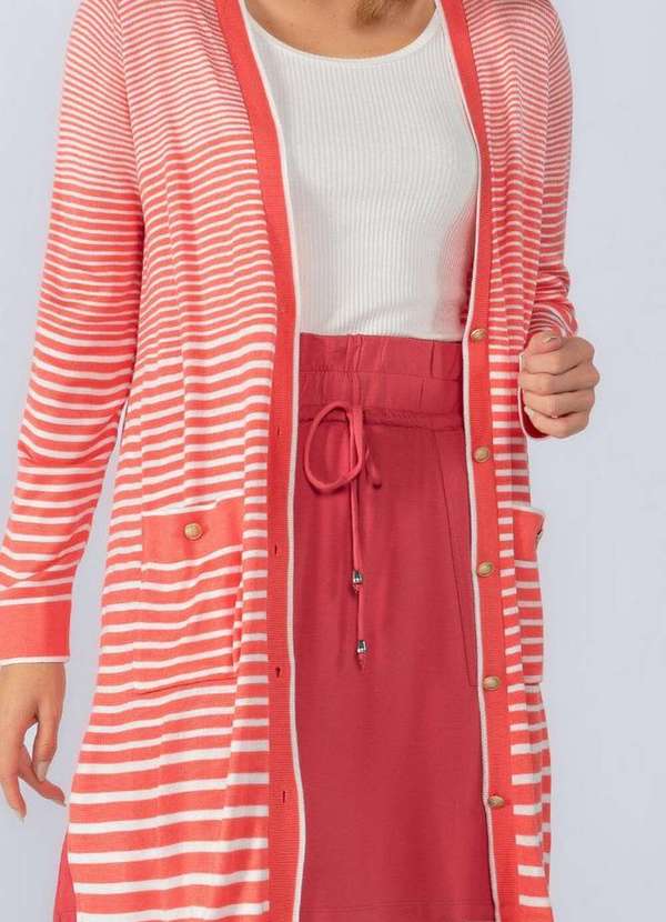 Lamis - Cardigan Longo Tricot Listrado com Bolso Goiaba 2