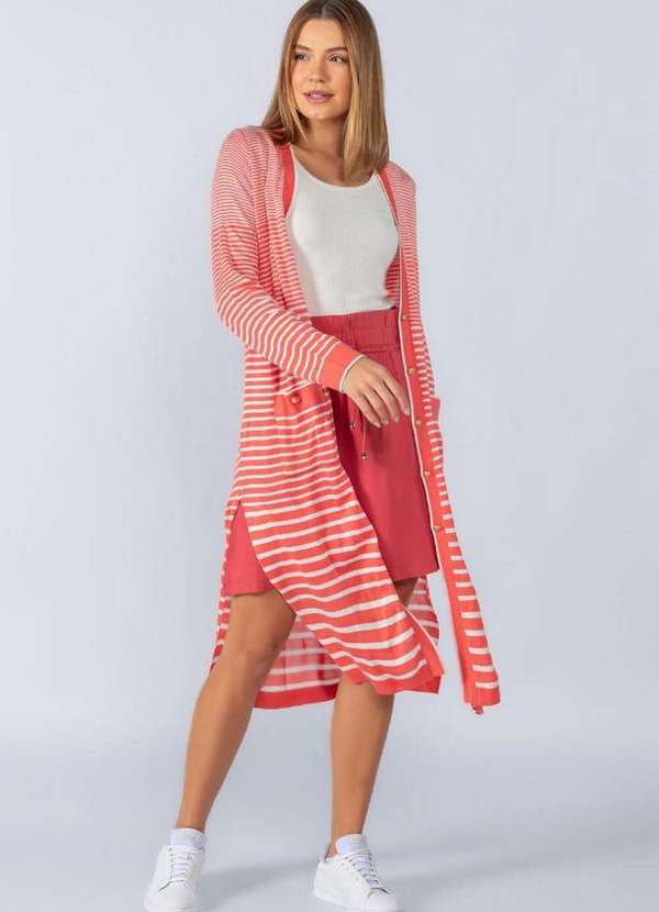 Lamis - Cardigan Longo Tricot Listrado com Bolso Goiaba 3
