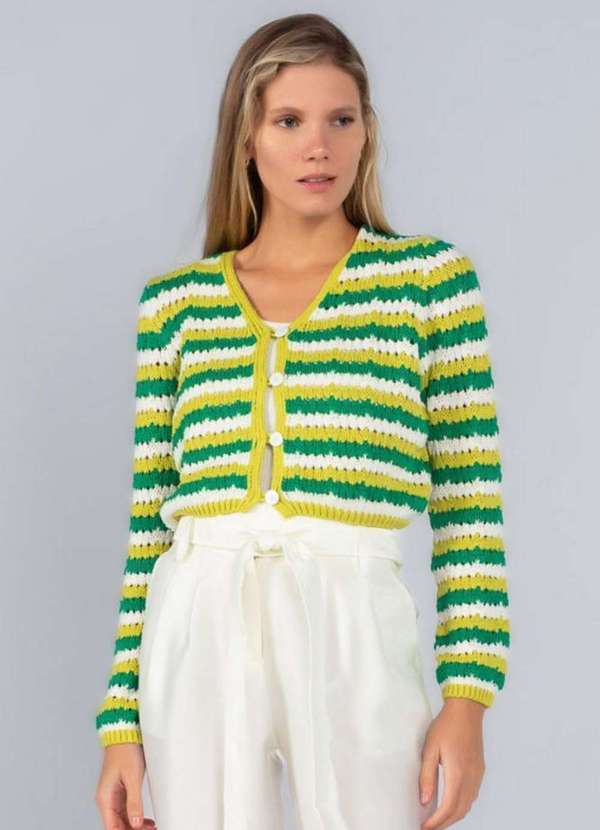 Lamis - Cardigan Tricot Curto Listrado com Botoes Verde
