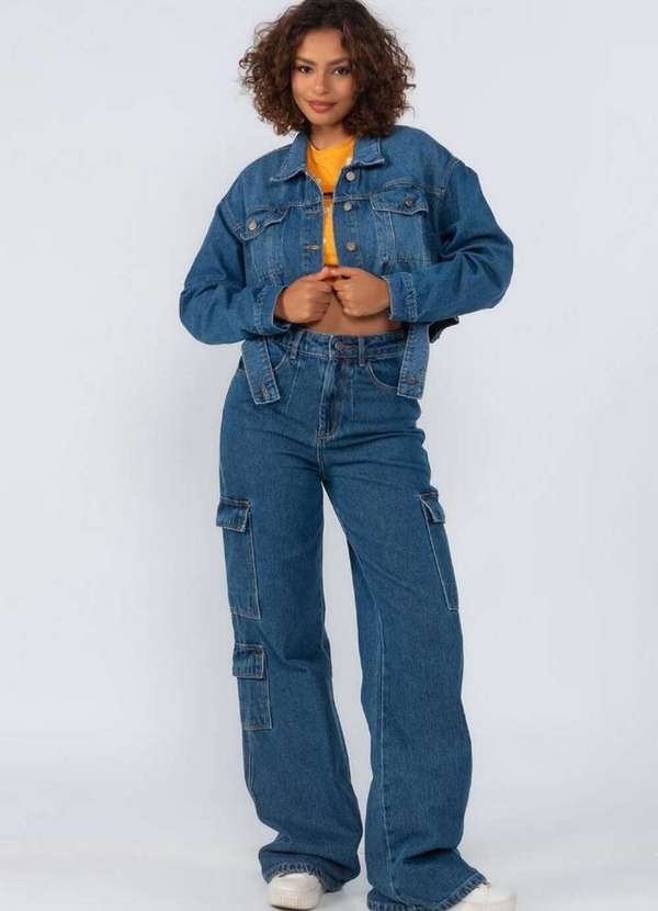 Lamis - Jaqueta Jeans Cropped com Recorte Frontal Azul Indigo