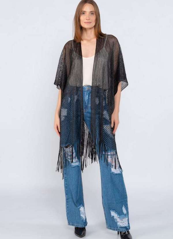 Lamis - Kimono com Franjas e Fios de Lurex Preto