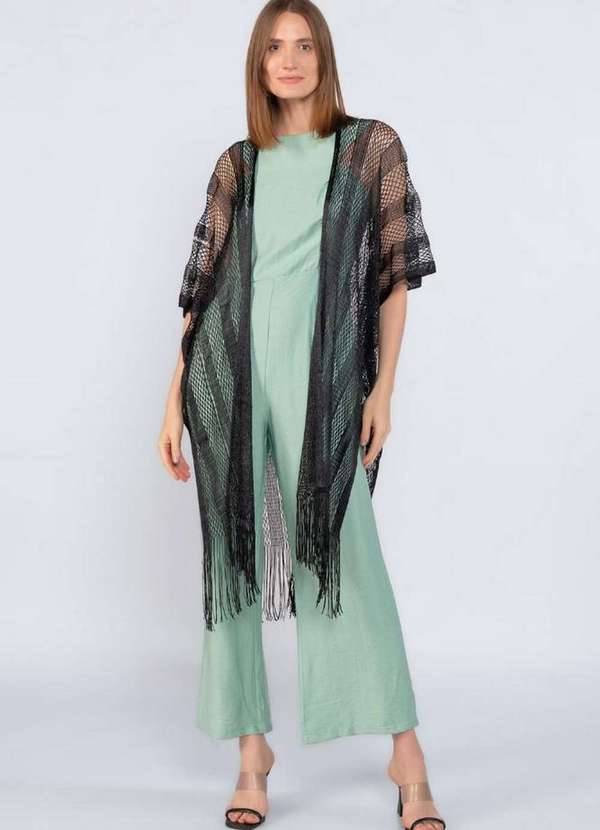 Lamis - Kimono Lurex com Franja Detalhado Preto