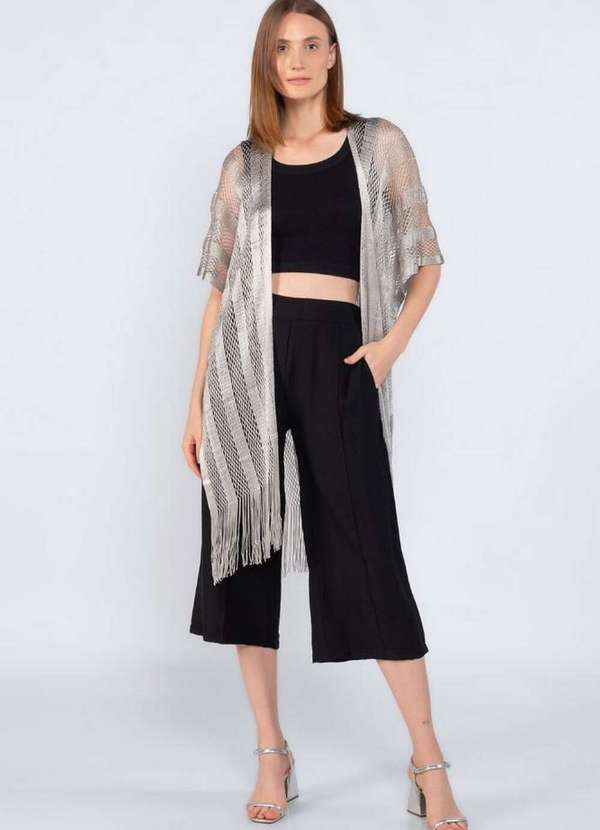 Lamis - Kimono Lurex com Franja Detalhado Prata