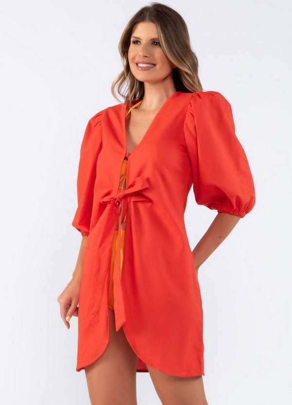 Lamis - Saida de Praia Curta em Linho Manga Bufante Laranja 2