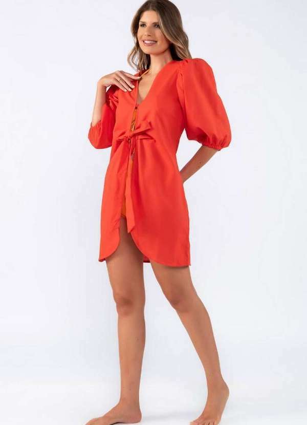 Lamis - Saida de Praia Curta em Linho Manga Bufante Laranja 3