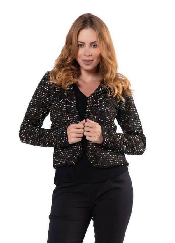 Lamis - Casaqueto Tweed Forrado com Bolsos Preto