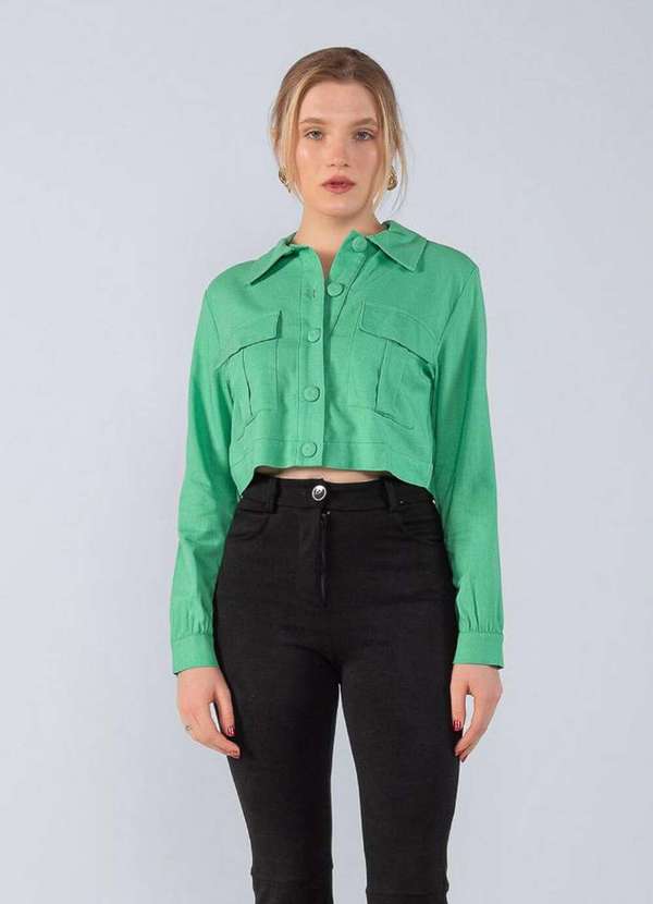 Lamis - Jaqueta Cropped Viscolinho com Bolsos Verde 2