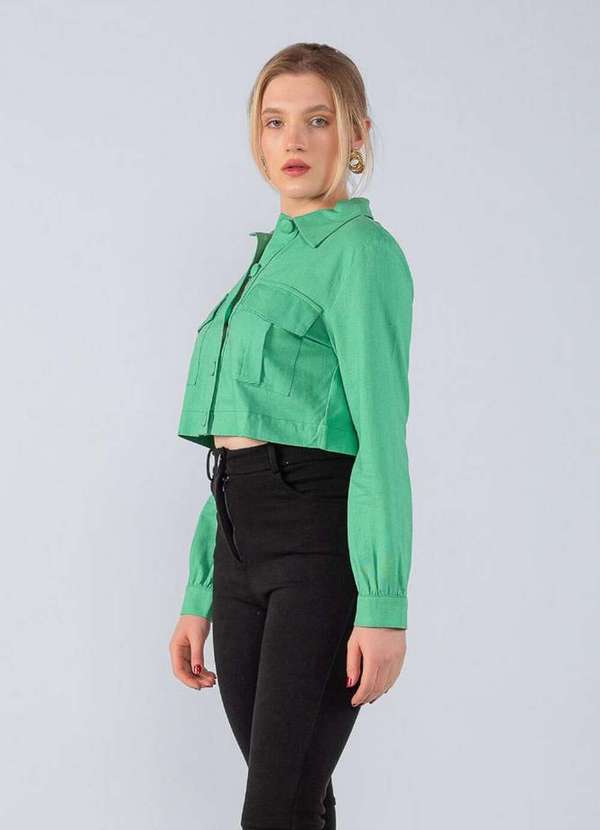 Lamis - Jaqueta Cropped Viscolinho com Bolsos Verde 3