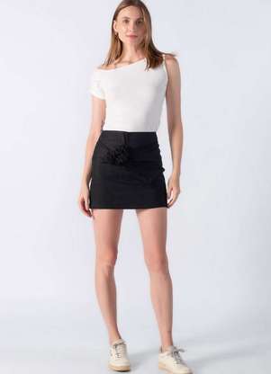 Lamis Mini Saia em Linho com Flor Preto