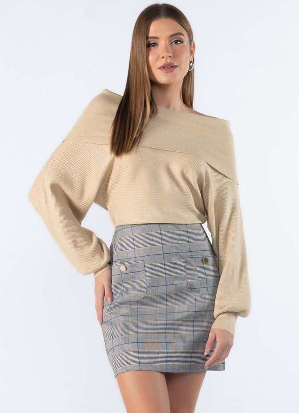 Mini Saia Xadrez com Botoes Cinza Lamis