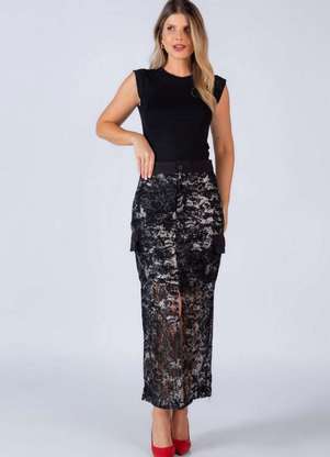 Saia Alongada Renda Bolso Lateral Preto Lamis