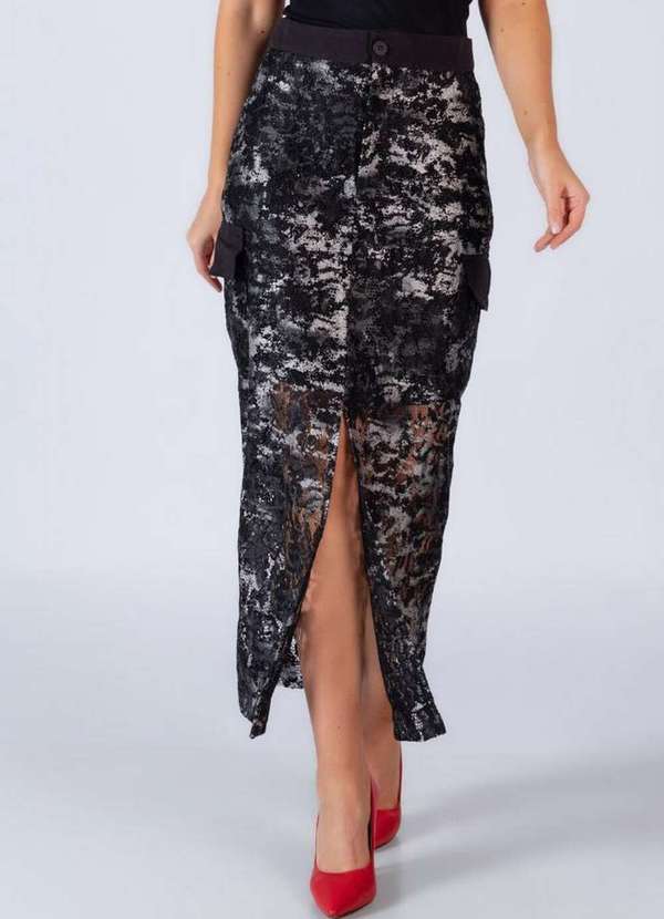 Lamis - Saia Alongada Renda Bolso Lateral Preto 2