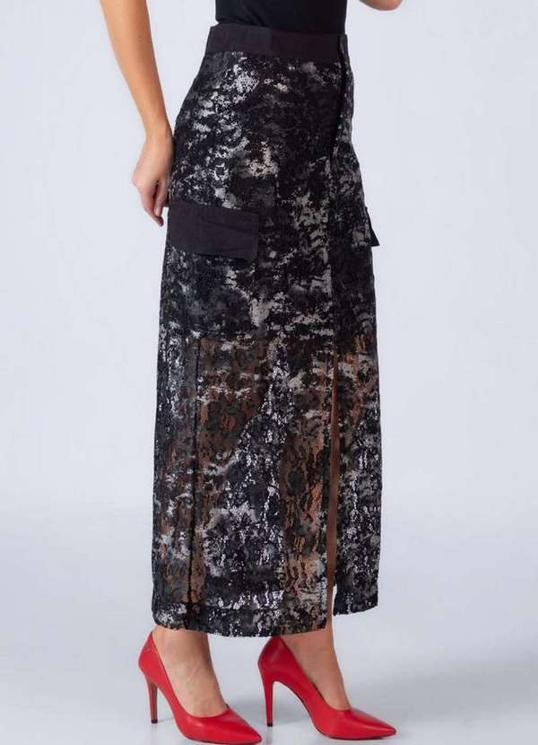 Lamis - Saia Alongada Renda Bolso Lateral Preto 3