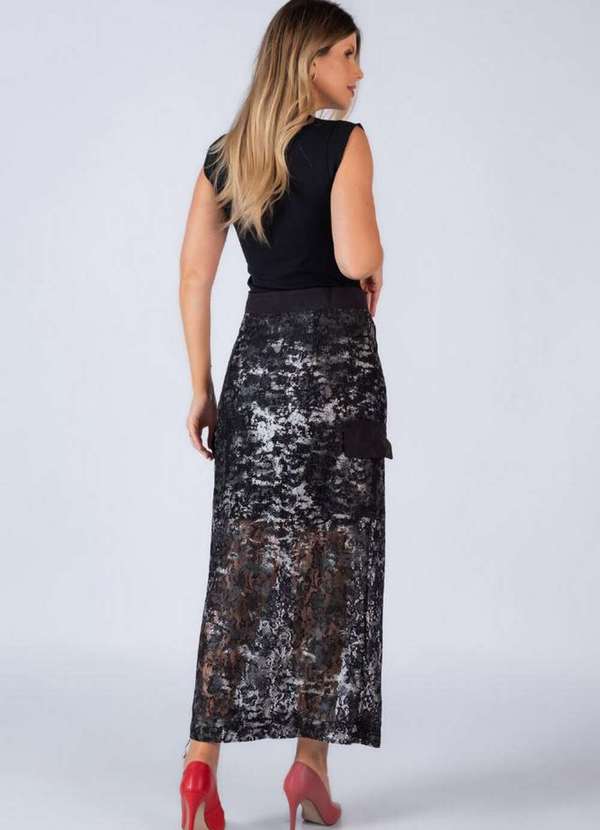 Lamis - Saia Alongada Renda Bolso Lateral Preto 4