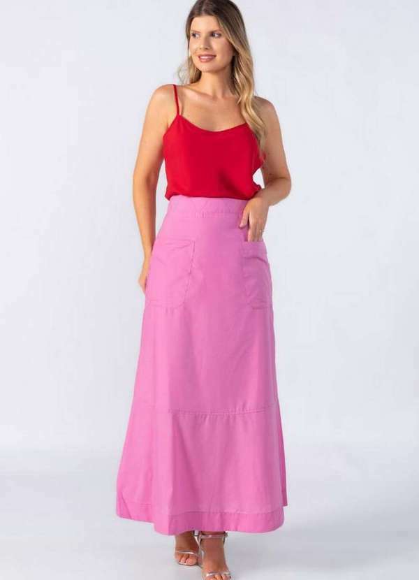 Lamis - Saia Alongada Tricoline Bolsos Rosa