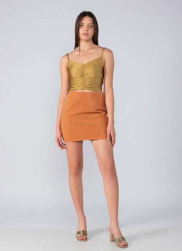 Lamis - Saia Curta Detalhada em Pedrarias Marrom