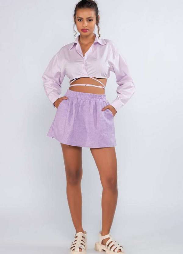Lamis - Saia Curta Tweed Cintura Elastico com Bolsos Lilas