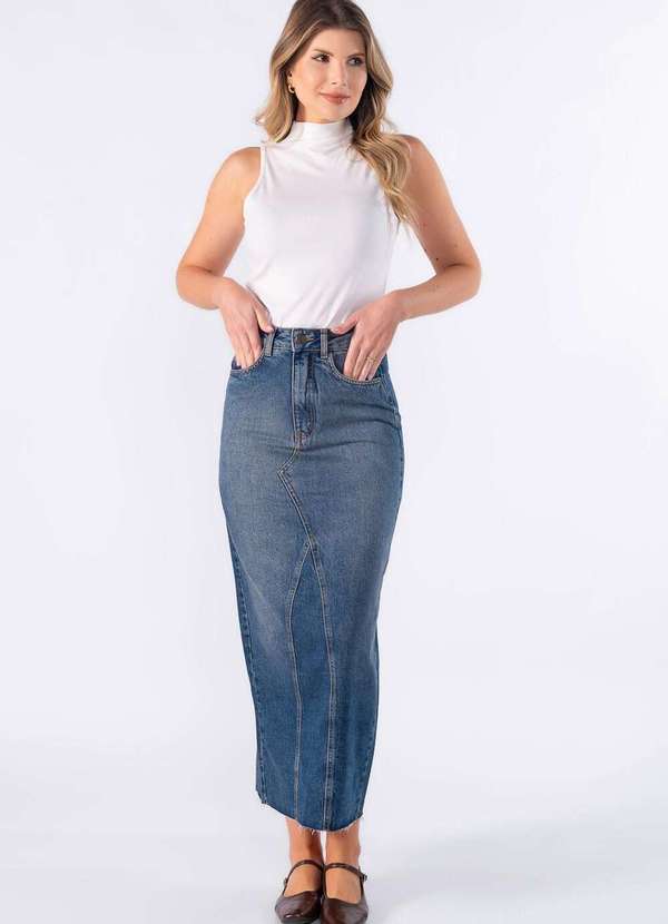 Lamis - Saia Jeans Midi com Recortes Azul