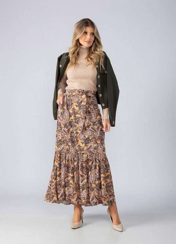 Lamis - Saia Longa Estampada em Viscose Amarracao Caqui