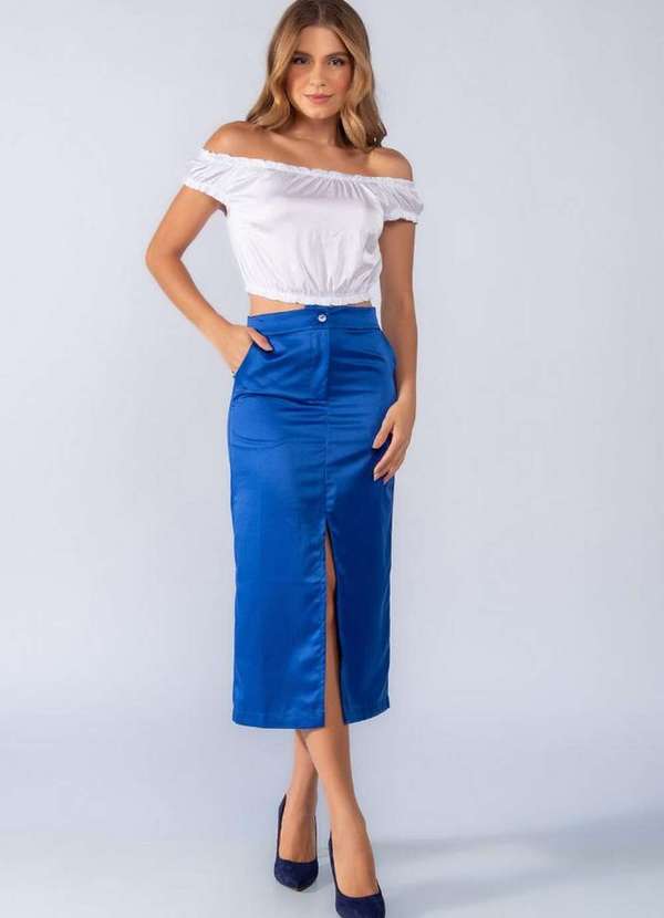 Lamis - Saia Midi Acetinada com Fenda Azul Royal
