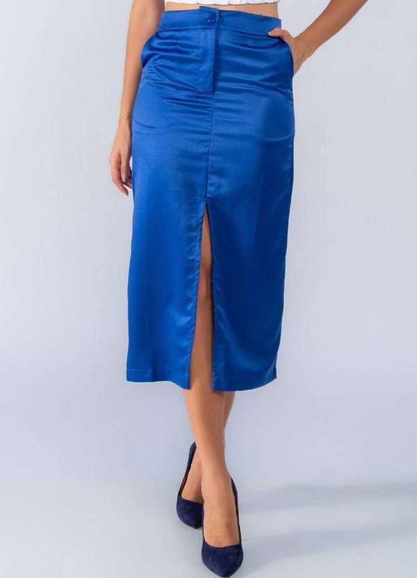 Lamis - Saia Midi Acetinada com Fenda Azul Royal 2