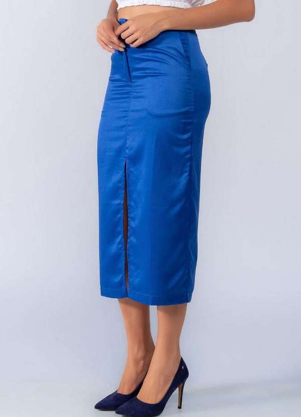 Lamis - Saia Midi Acetinada com Fenda Azul Royal 3