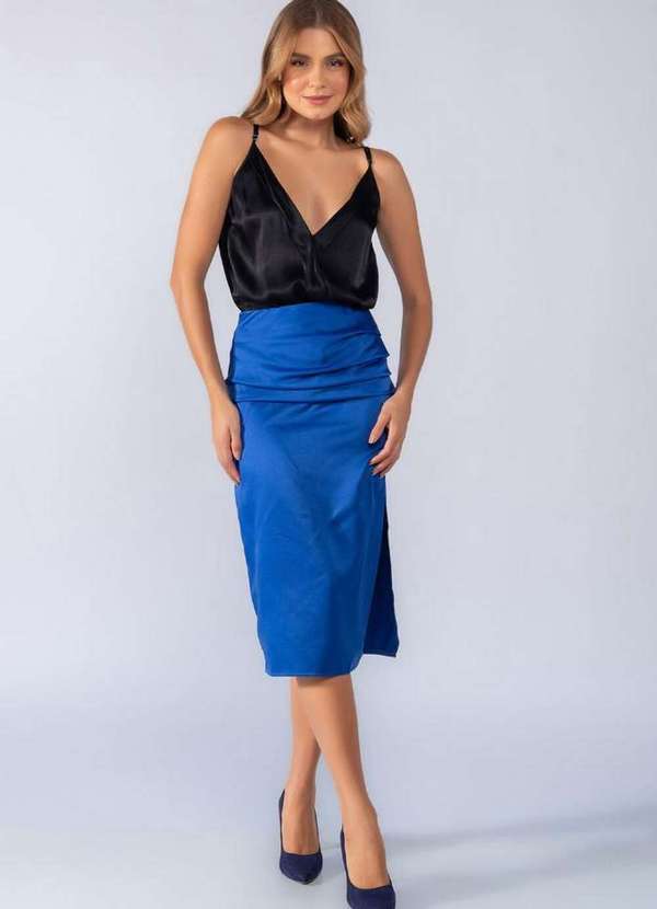 Lamis - Saia Midi Acetinada Drapedo na Lateral Azul