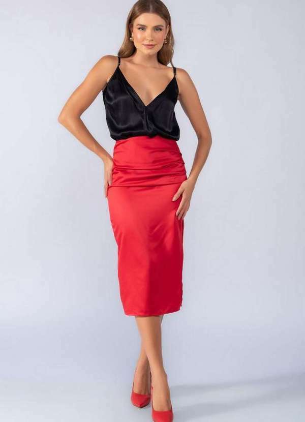 Lamis - Saia Midi Acetinada Drapedo na Lateral Vermelho