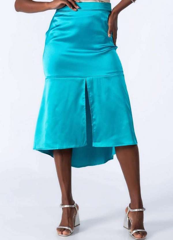 Lamis - Saia Midi Acetinada Recorte na Barra Azul 3