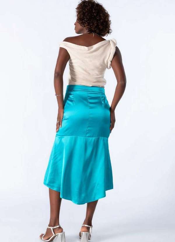 Lamis - Saia Midi Acetinada Recorte na Barra Azul 4