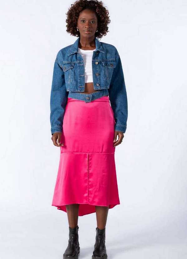 Lamis - Saia Midi Acetinada Recorte na Barra Rosa