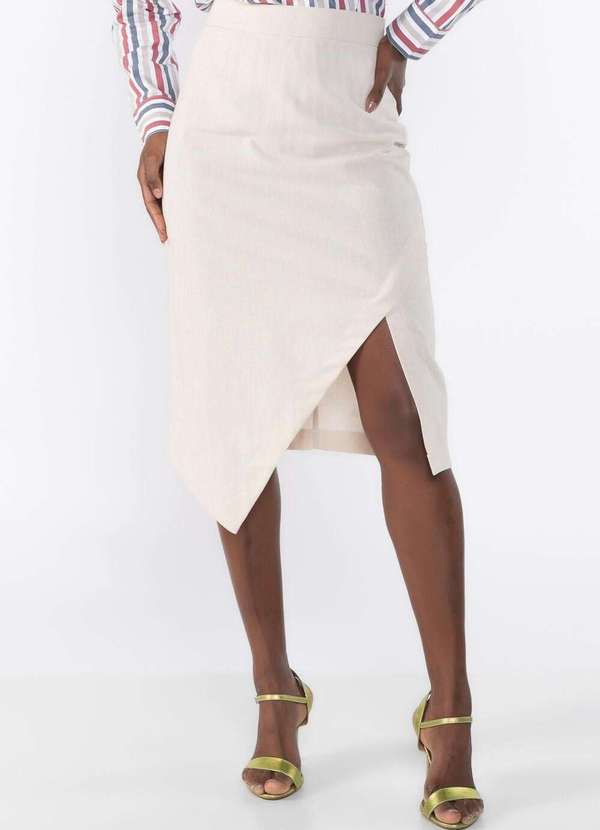 Lamis - Saia Midi Assimetrica Lacream em Linho Bege